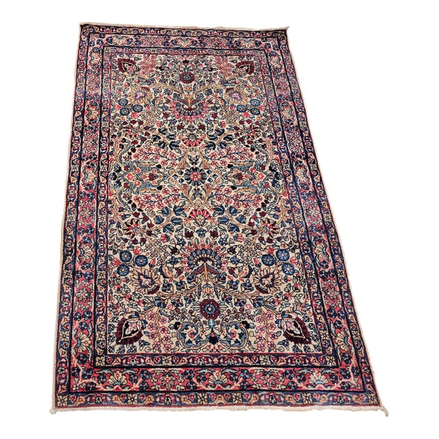 Vintage Persian Kerman Lavar Area Rug, Handwoven Floral Pattern, Ivory & Blue, 3’ X 5’ For Sale