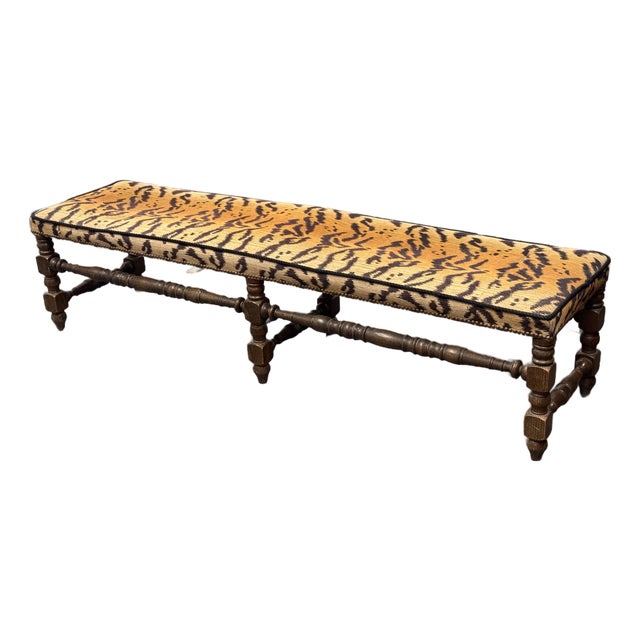 Antique Italian Carved Wood Bench in Tiger Print, Early 20th Century. For Sale