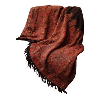 Antique Victorian Paisley Piano Shawl 54x132 Kashmir Style Wool Throw Long Textile Tapestry Red Black Boho Decor For Sale