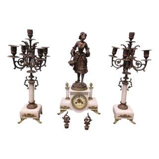 19th Century French Bronze Clock and Garniture For Sale