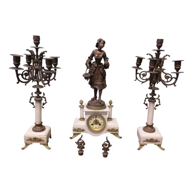 19th Century French Bronze Clock and Garniture For Sale