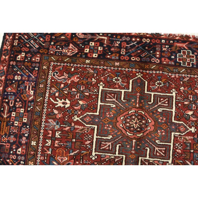Textile Vintage Karajeh Rug 4'10'' X 6'2'' Red Wool Tribal Hand-Knotted Oriental Carpet For Sale - Image 7 of 15