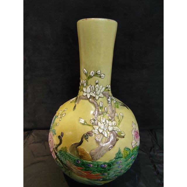 Chinese Ceramic Vase Qing Dynasty Qianlong Marked Yellow Ground Famille Rose Porcelain Tianqiu Vase Hand Carved Peacocks Pattern For Sale - Image 4 of 10