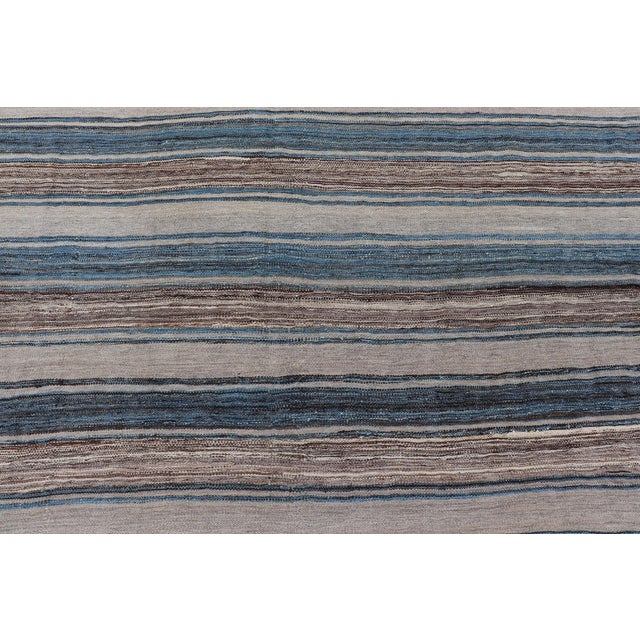 Tribal Versatile Striped Design and Natural Brown, Cream, and Blue Flat-Weave Kilim 7'9 X 11'10 For Sale - Image 3 of 15