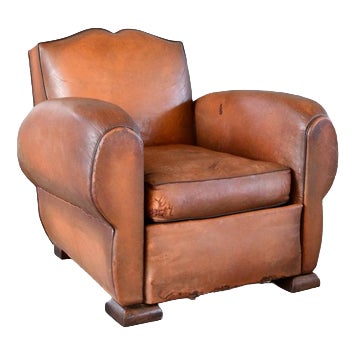 Art Deco French Moustache Backed Leather Armchair, 1920s For Sale