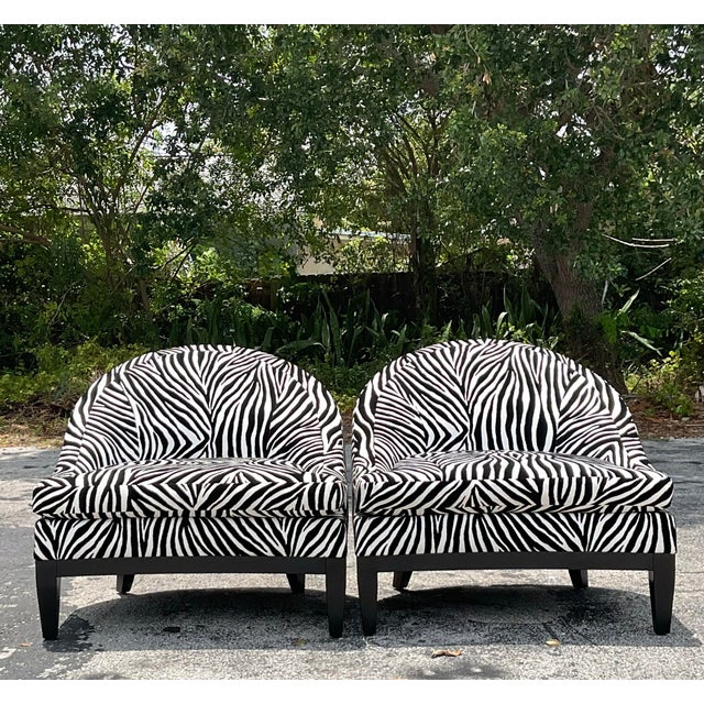 Late 20th Century Vintage Boho Low Slung Zebra Lounge Chairs - a Pair For Sale - Image 5 of 8