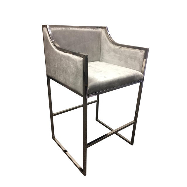 Modern Chrome and Gray Velvet Bar Chair For Sale