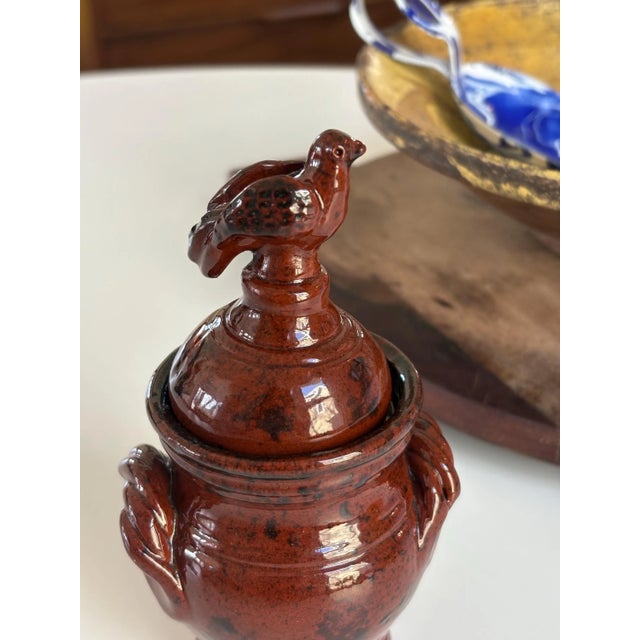 2000 Signed Foltz Redware Mini Lidded Jar With Bird Finial, Sponge Glaze *Repaired For Sale - Image 4 of 6