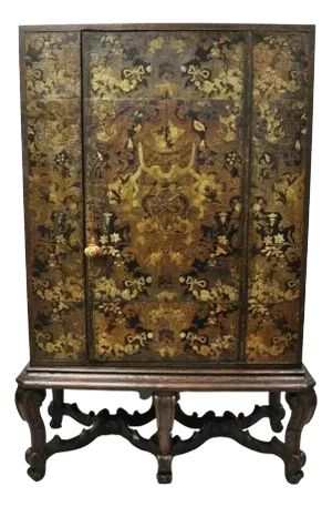Antique Charles II Georgian Japanned Carved Lacquer China Cabinet on Base