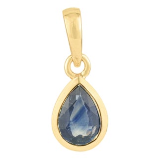 Handcrafted Natural Pear-Cut Blue Sapphire Solitaire Pendant in 14k Yellow Gold For Sale