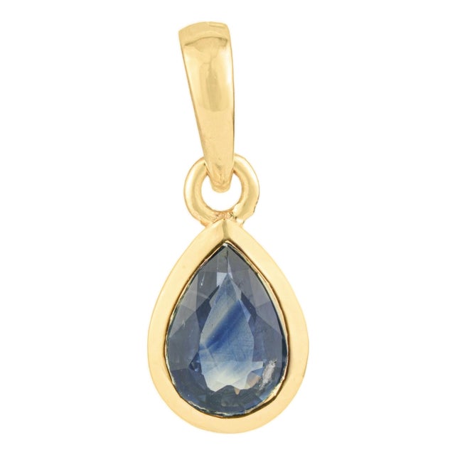 Handcrafted Natural Pear-Cut Blue Sapphire Solitaire Pendant in 14k Yellow Gold For Sale