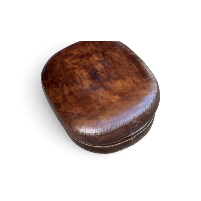 Animal Skin Vintage Oval Brown Leather Ottoman With Brass Nailhead Trim and Rounded Feet For Sale - Image 7 of 10