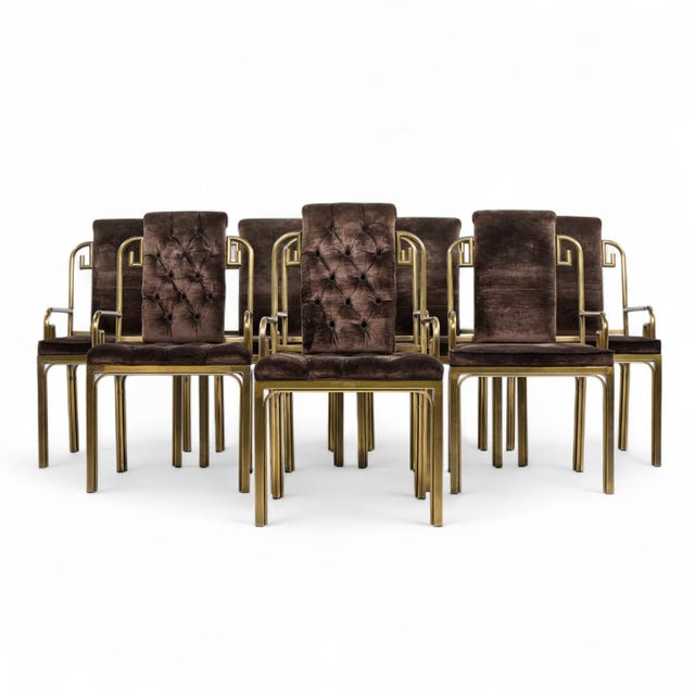 Mastercraft Mid Century Brass Greek Key Dining Chairs - Set of 8 Each side chair and captains chair measures: 21.5 wide x...