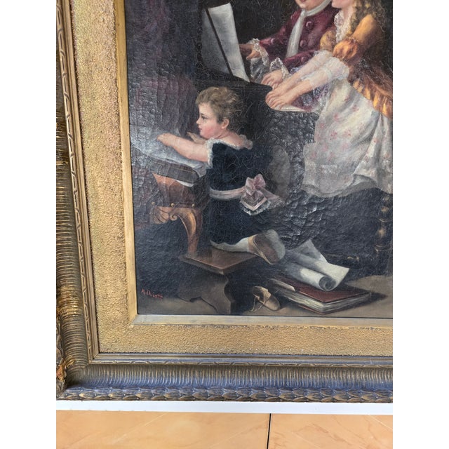 A large and exquisite over 150 years old signed painting depicting a group of adorable children learning and playing...