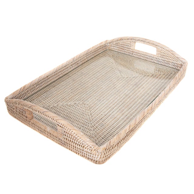 2020s Artifacts Rattan Rectangular Tray with Glass Insert in White Wash - 21" For Sale - Image 5 of 5