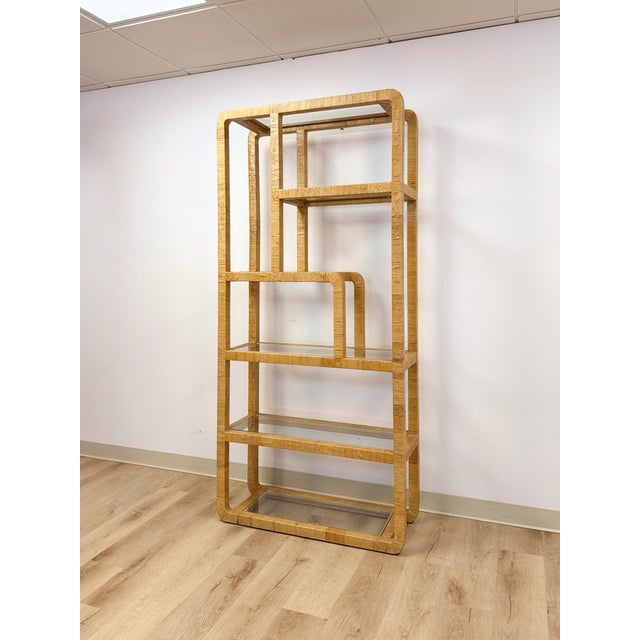 Hollywood Regency Coastal Etagere Rattan Wrapped Milo Baughman Style Five Tier Glass Shelf MCM For Sale - Image 3 of 15