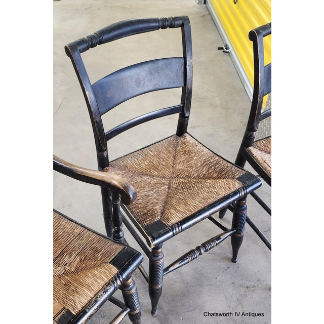 Late 19th Century Set of 5 Antique 19th Century Black Stenciled L Hitchcock Country Dining Chairs For Sale - Image 5 of 17