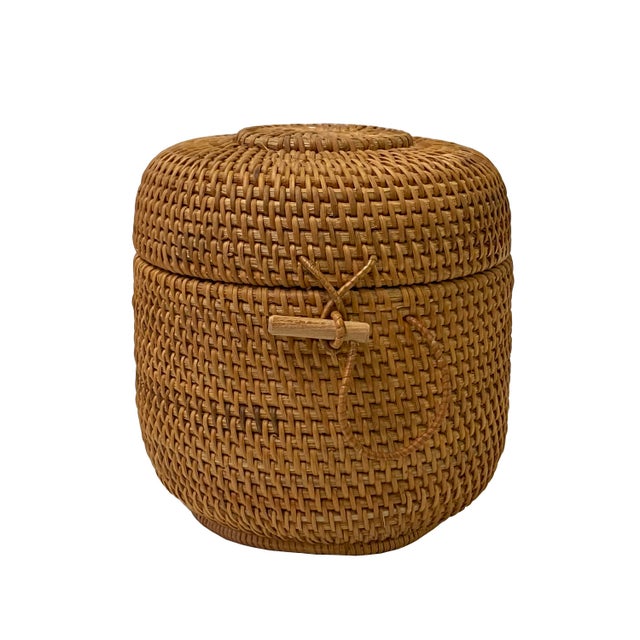 Asian Handmade Rustic Brown Rattan Round Accent Storage Box | Chairish