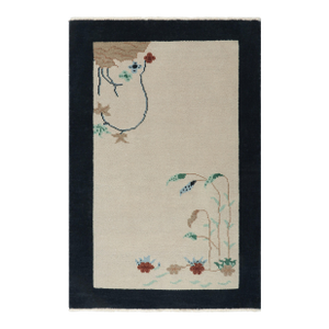 Rug & Kilim’s Chinese Deco Rug in White With Floral Patterns and Navy Border