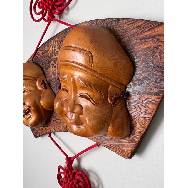 Wood Vintage Japanese Style Ebisu & Daikoku Wooden Mask Wall Hanging With Red Tassels For Sale - Image 7 of 10