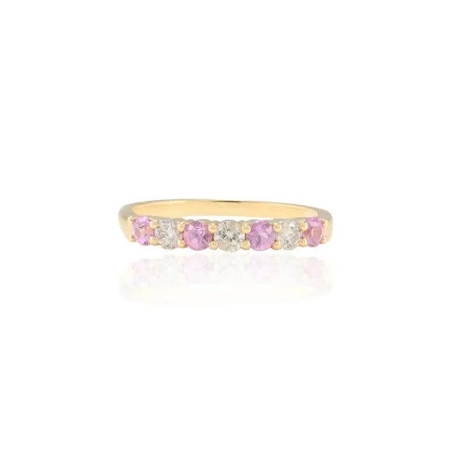 Art Deco 0.35 Ctw Pink Sapphire and Diamond Band 14k Solid Yellow Gold Size 9.5 For Sale - Image 3 of 4