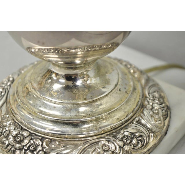 Mid 20th Century International Victorian Silver Plate Floral Repousse Candlestick Table Lamp Pair For Sale - Image 17 of 18