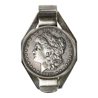 Retro Antique Sterling Silver 1879 Morgan Dollar Coin Money Cash Clip For Sale