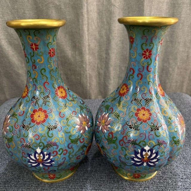 Pair of Large Vintage Turquoise Cloisonné Enamel Lotus Vases For Sale - Image 4 of 6