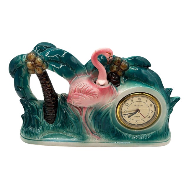1985 Pink Bobblehead Flamingo & Palm Tree Model 996 Clock by Sarsaparilla Japan For Sale