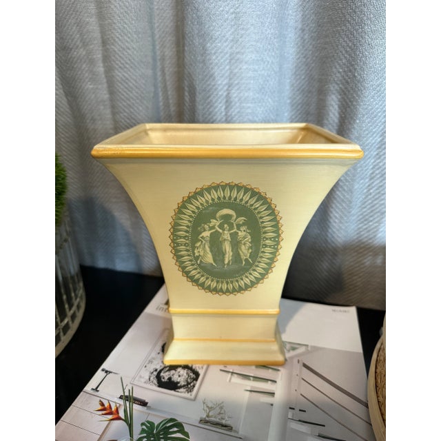 Exquisite hand made Palm Beach Estate Sale find, soft yellow Italian vase, hand decorated with Venetian motif.