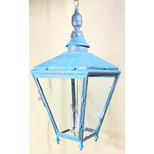 Turquoise Antique Restored Street Light Converted to Hanging Lantern / Foyer Chandelier For Sale - Image 8 of 15