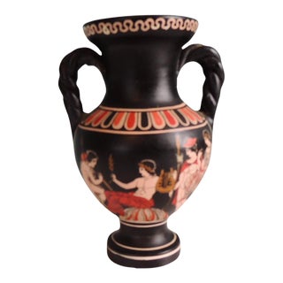 Small Black and Orange Decorative Greek Vase with Handles For Sale