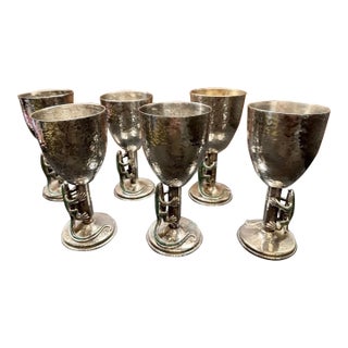 Vintage 1990s Emilia Castillo Mexican Silver Plate Glasses Goblets Green Lizards - Set of 6 For Sale