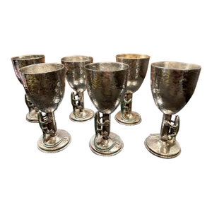 Vintage 1990s Emilia Castillo Mexican Silver Plate Glasses Goblets Green Lizards - Set of 6