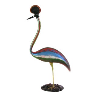 Vintage Italian Tall Jewel-Like Red Blue Green White Glass Crested Bird For Sale