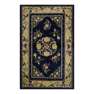 1920s Navy Blue Medallion Antique Chinese Peking Rug 3' X 4'10'' Wool Knotted Carpet For Sale