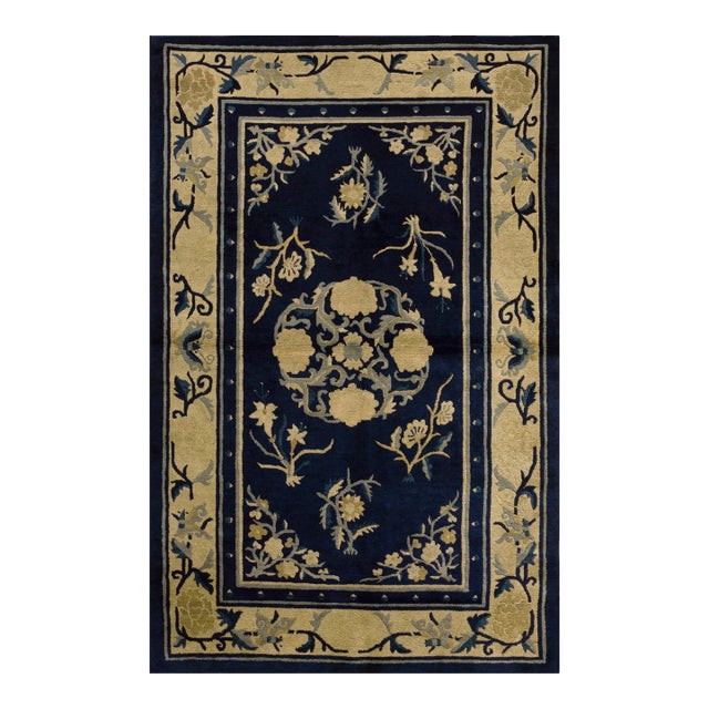 1920s Navy Blue Medallion Antique Chinese Peking Rug 3' X 4'10'' Wool Knotted Carpet For Sale