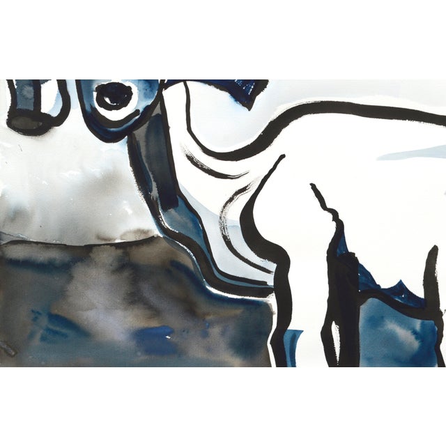 Realism Modernist Goat Portrait in Black and Blue by Karen Druker For Sale - Image 3 of 7