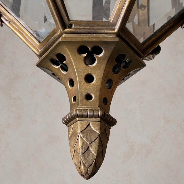 Gothic Revival Bronze Hanging Lantern with Castellated Crown, 1930s For Sale - Image 6 of 12