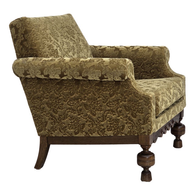 Vintage Danish Carved Oak Lounge Chair with Velour Upholstery, 1960s For Sale