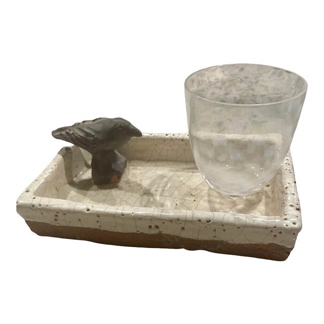 Etched Crystal Water Glass With a Pottery Tray, Accented With a Raven For Sale