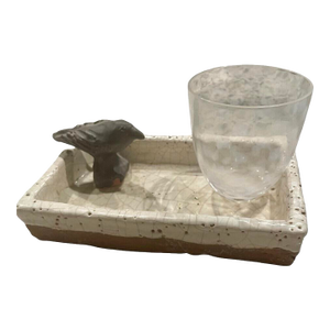 Etched Crystal Water Glass With a Pottery Tray, Accented With a Raven
