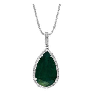 GIA Certified 19 Ct Pear Cut Emerald & 1 Ct Diamond Halo Pendent/Necklace 14 KWG For Sale