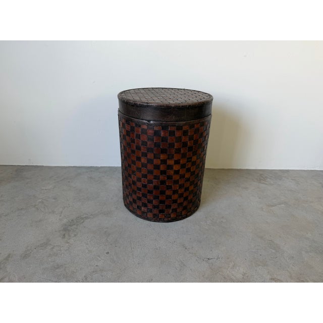 1990s Vintage Woven Leather Checkered Brown Storage Side Table With Removable Lid For Sale - Image 12 of 12