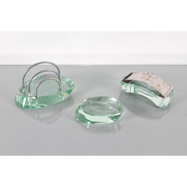 Mid-Century Fontana Arte Desk Set in Thick Nile Green Glass 50s Italy, 1950s, Set of 3 For Sale - Image 3 of 14
