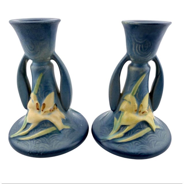 1940s Pair of 1940s Roseville Zephyr Lily Bermuda Blue Candlestick Holders For Sale - Image 5 of 10