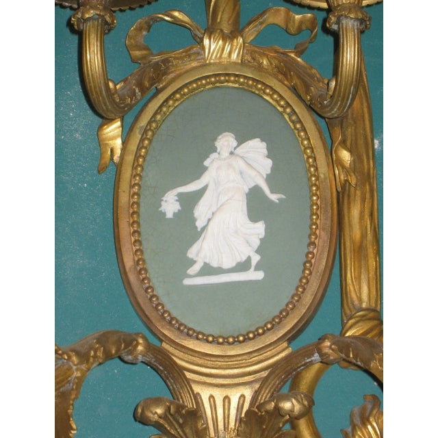 Pair of neoclassical Louis XVI style gilt bronze and green jasper wall light sconces