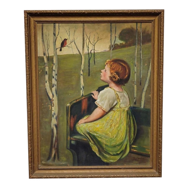 Mid-20th Century American Oil Painting of Child in Birch Landscape, Signed May Chaffee For Sale