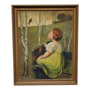 Mid-20th Century American Oil Painting of Child in Birch Landscape, Signed May Chaffee