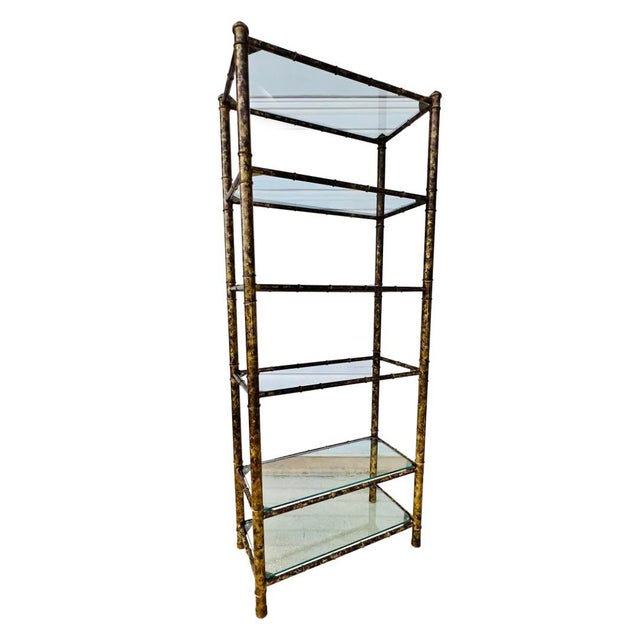 Elevate your interior with this striking Mid-Century Modern faux bamboo étagère, elevated by a breathtaking bespoke hand-...